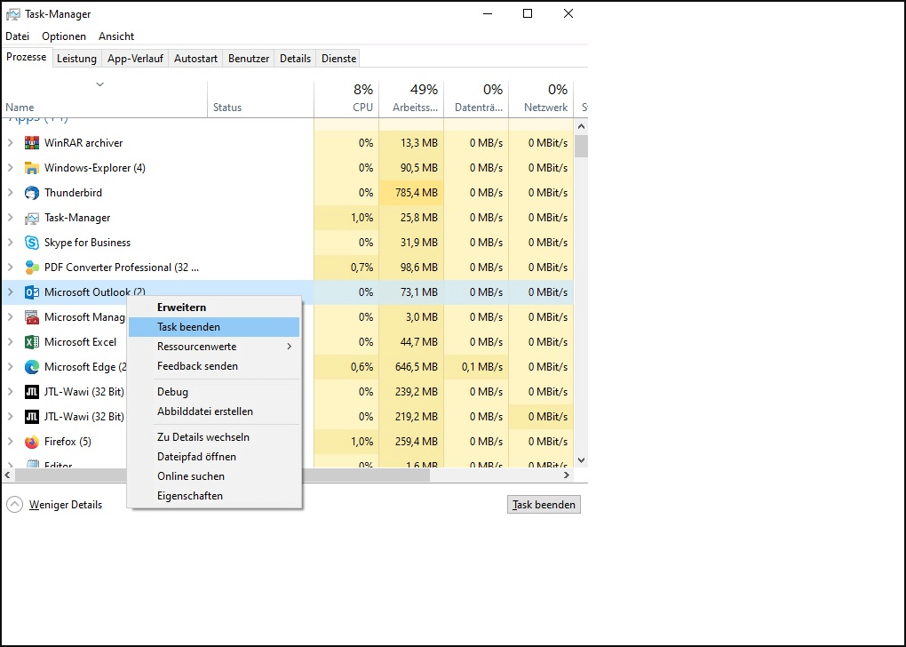 Outlook erzwingen beenden: Wenn Outlook nicht mehr reagiert oder eingefroren ist, können Sie es erzwingen beenden, um das Problem zu lösen.
Task-Manager öffnen: Drücken Sie Strg + Alt + Entf und wählen Sie den Task-Manager aus.