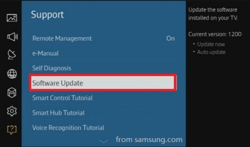 Stellen Sie sicher, dass Ihr Samsung TV mit dem Internet verbunden ist und wählen Sie "Aktualisieren".
Warten Sie, bis das Firmware-Update abgeschlossen ist.