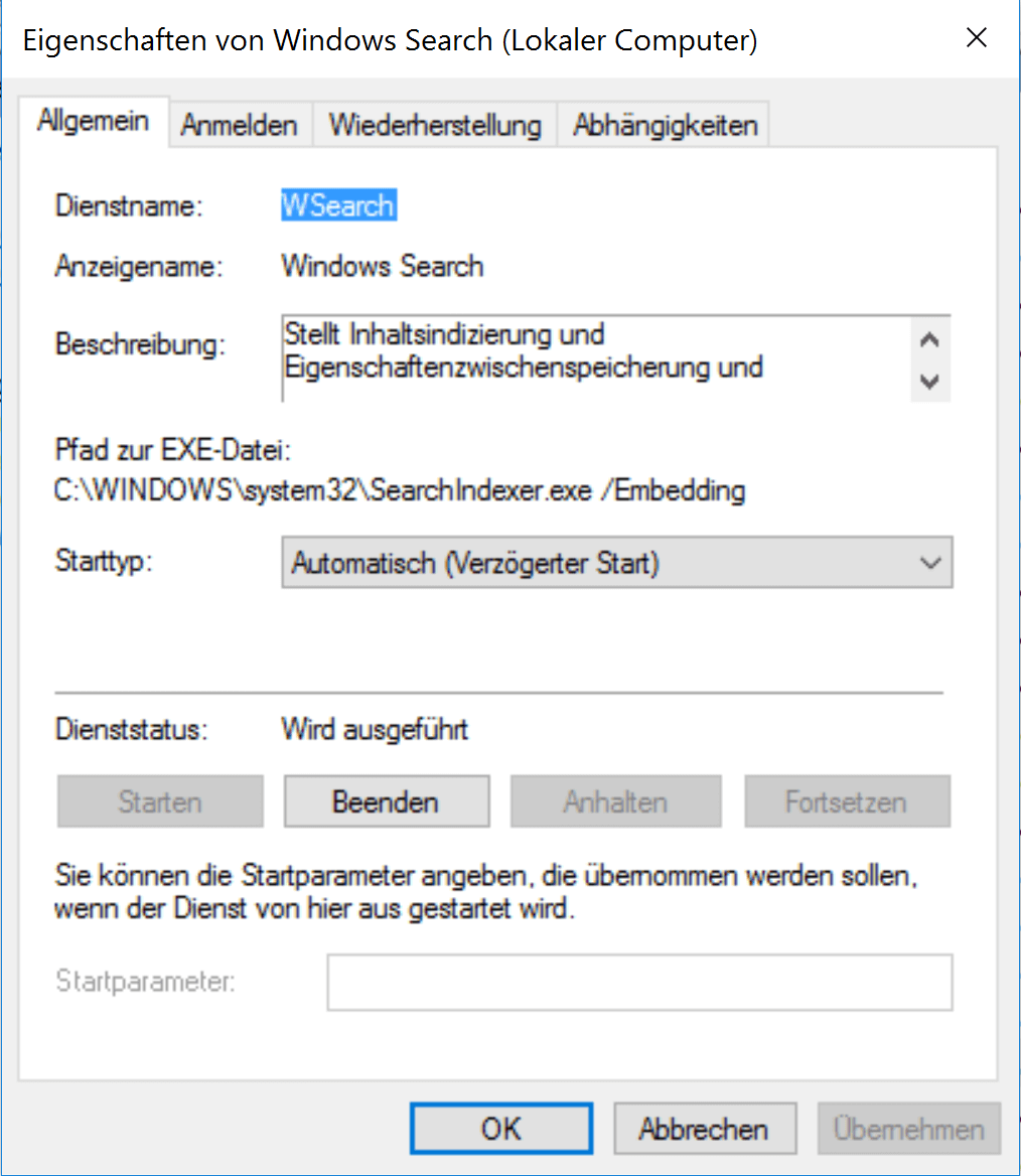 Suchen Sie den Dienst Windows Search in der Liste.
Rechtsklicken Sie auf den Dienst und wählen Sie Neu starten aus dem Kontextmenü.