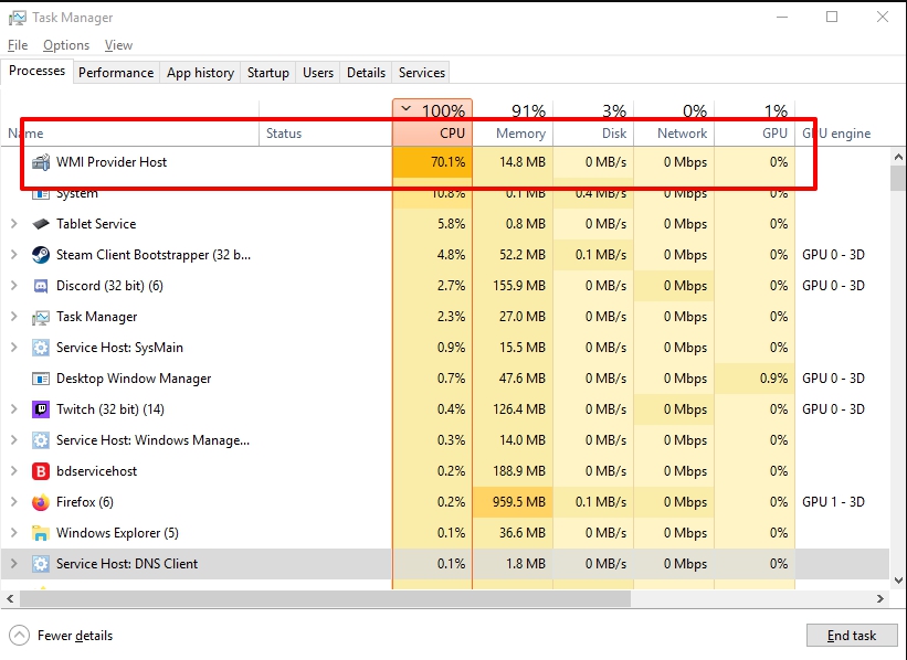 Suchen Sie nach dem Prozess WmiPrvSE.exe.
Notieren Sie sich die PID-Nummer des Prozesses.