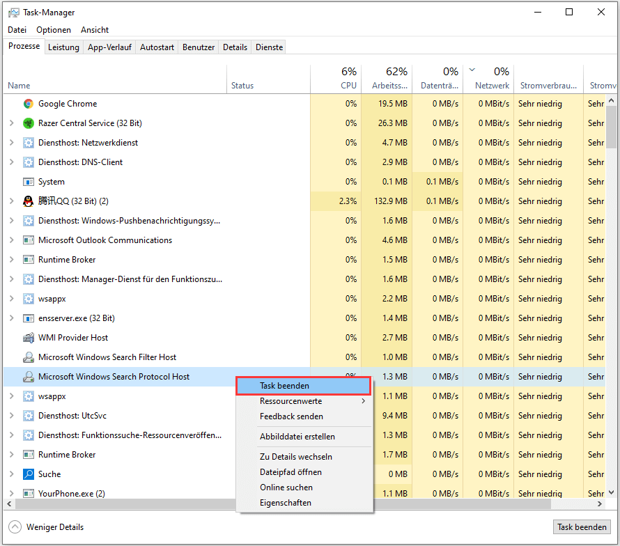 Suchen Sie nach verdächtigen Prozessen oder Programmen, die hohe CPU-Auslastung verursachen könnten.
Beenden Sie diese Prozesse oder deinstallieren Sie die verdächtigen Programme.