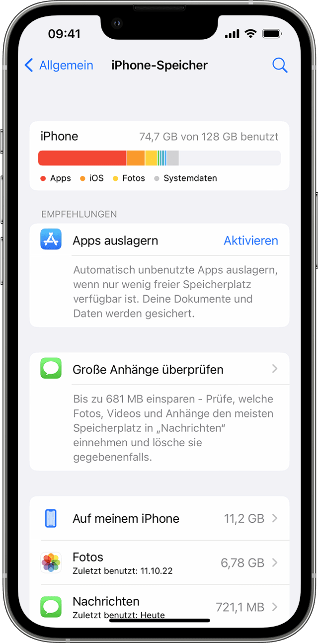 Überprüfen Sie den verfügbaren Speicherplatz auf Ihrem iPhone, indem Sie zu "Einstellungen" > "Allgemein" > "iPhone-Speicher" gehen.
Löschen Sie unnötige Dateien, Apps oder Fotos, um Speicherplatz freizugeben.