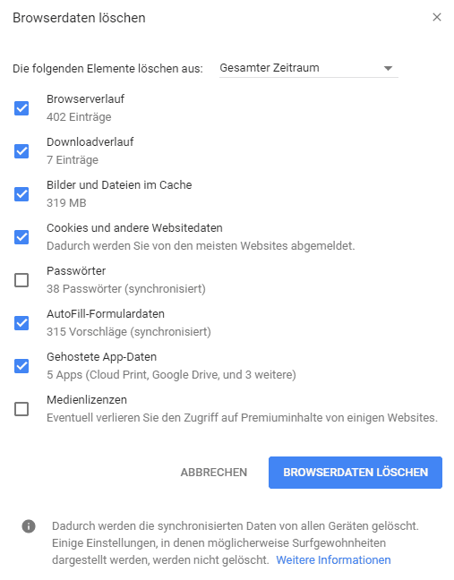 Unter "Datenschutz und Sicherheit" wählen Sie "Browserdaten löschen".
Wählen Sie "Bilder und Dateien im Cache" aus.