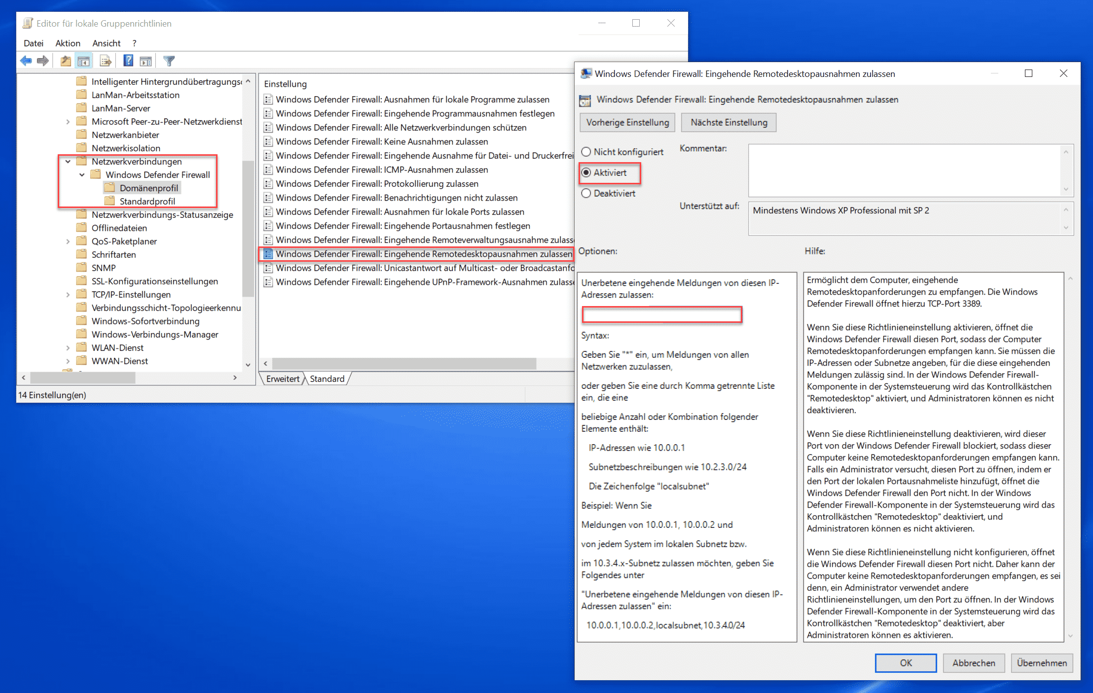 Verbindungseinstellungen: Konfigurieren Sie die Einstellungen für die Remote Desktop Verbindung.
Firewall-Einstellungen: Überprüfen Sie die Firewall-Einstellungen, um sicherzustellen, dass der Remote Desktop Zugriff erlaubt ist.