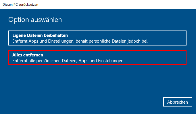 Wählen Sie Alle Einstellungen zurücksetzen aus.
Wählen Sie Alles entfernen aus.