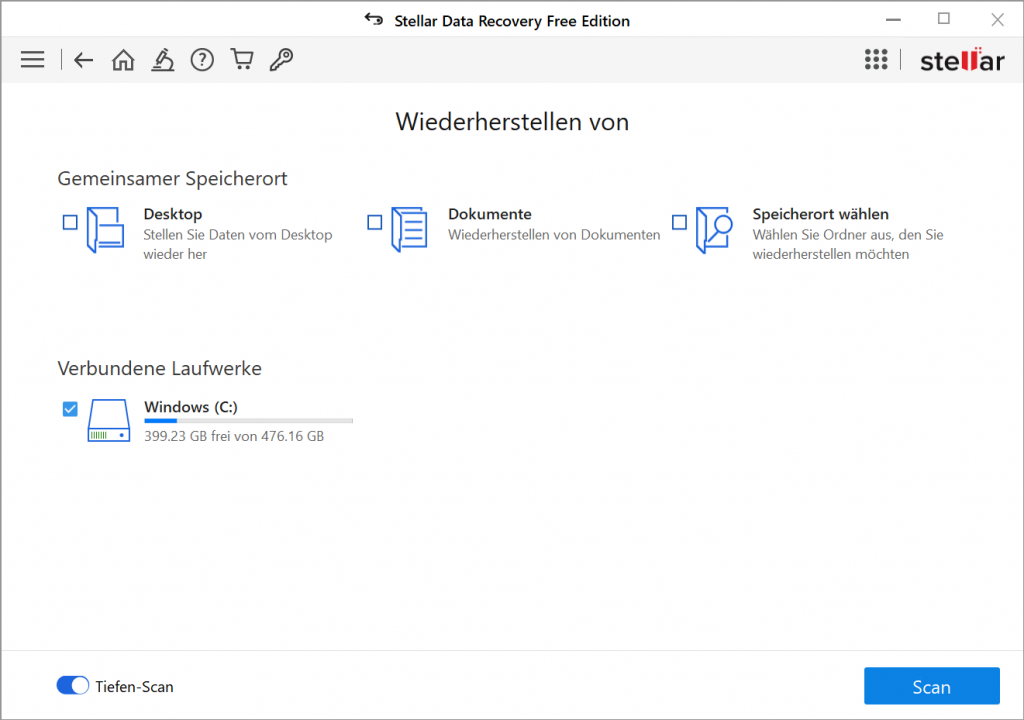 Wählen Sie das betroffene Laufwerk aus.
Führen Sie einen Scan des Laufwerks durch.