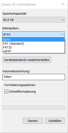 Wählen Sie das gewünschte Dateisystem und klicken Sie auf Start, um das USB-Laufwerk zu formatieren.
Beachten Sie, dass dabei alle Daten auf dem USB-Laufwerk gelöscht werden.