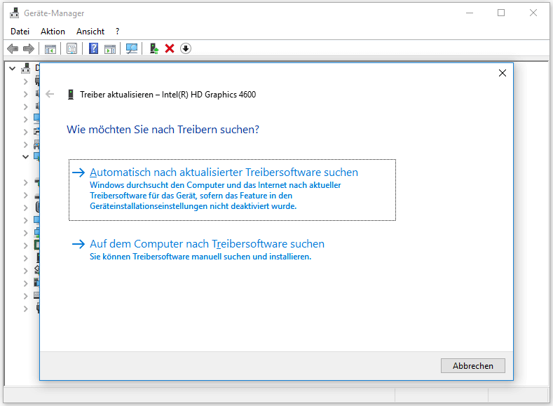 Wählen Sie die Option Automatisch nach aktualisierter Treibersoftware suchen aus.
Folgen Sie den Anweisungen auf dem Bildschirm, um den Treiber zu aktualisieren.