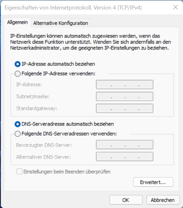 Wählen Sie die Option IP-Adresse automatisch beziehen und DNS-Serveradresse automatisch beziehen.
Klicken Sie auf OK und überprüfen Sie, ob der Fehler behoben ist.