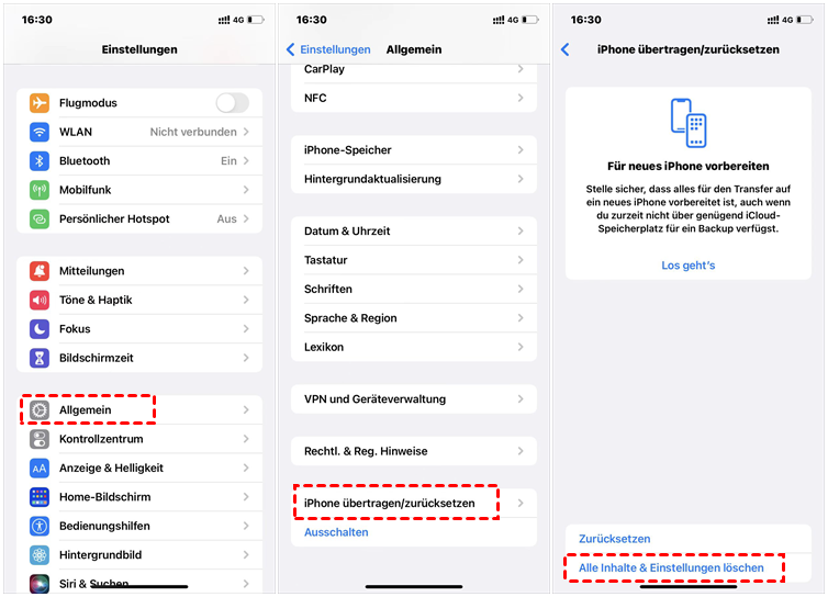 Wählen Sie "Inhalte & Einstellungen löschen".
Bestätigen Sie die Zurücksetzung.