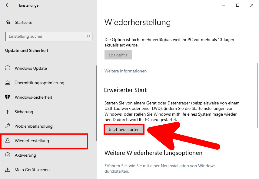 Wählen Sie "Problembehandlung" aus dem erweiterten Startmenü.
Wählen Sie "Erweiterte Optionen" und dann "Systemwiederherstellung" aus.