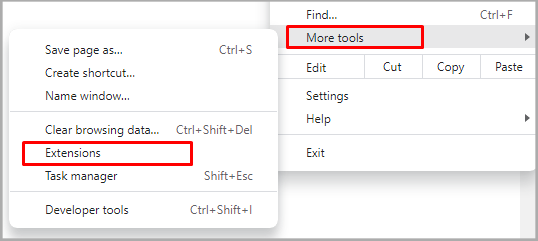 Wählen Sie "Weitere Tools" aus dem Dropdown-Menü.
Klicken Sie auf "Erweiterungen".