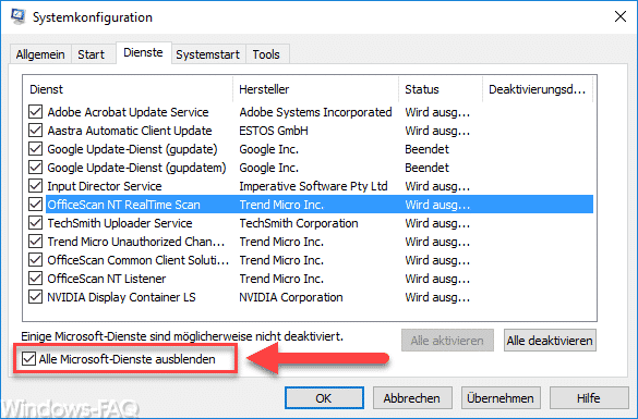 Wechseln Sie zur Registerkarte Dienste.
Aktivieren Sie das Kontrollkästchen Alle Microsoft-Dienste ausblenden und klicken Sie dann auf Alle deaktivieren.
