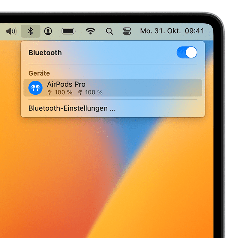Wenn Ihre AirPods nicht angezeigt werden, schalten Sie Bluetooth aus und dann wieder ein.
Vergewissern Sie sich, dass Ihre AirPods in der Nähe des Mac sind und sich nicht mit einem anderen Gerät verbinden.