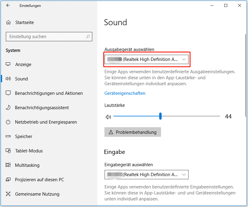 Windows-Einstellungen - Stellen Sie sicher, dass die richtigen Audiogeräte als Standard festgelegt sind und die Lautstärke ordnungsgemäß eingestellt ist.
Audioausgabegerät - Überprüfen Sie, ob das richtige Audiogerät als Standardausgang ausgewählt ist.