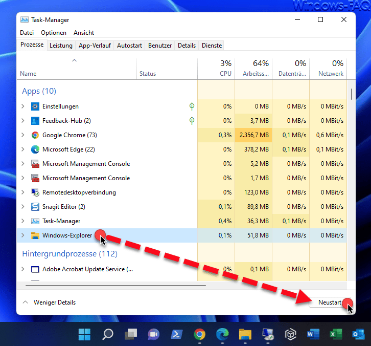 Windows Explorer neu starten: Wenn das Lautsprechersymbol nicht in der Taskleiste angezeigt wird, kann ein Neustart des Windows Explorers helfen.
Öffnen Sie den Task-Manager durch Drücken von Strg + Umschalt + Esc.